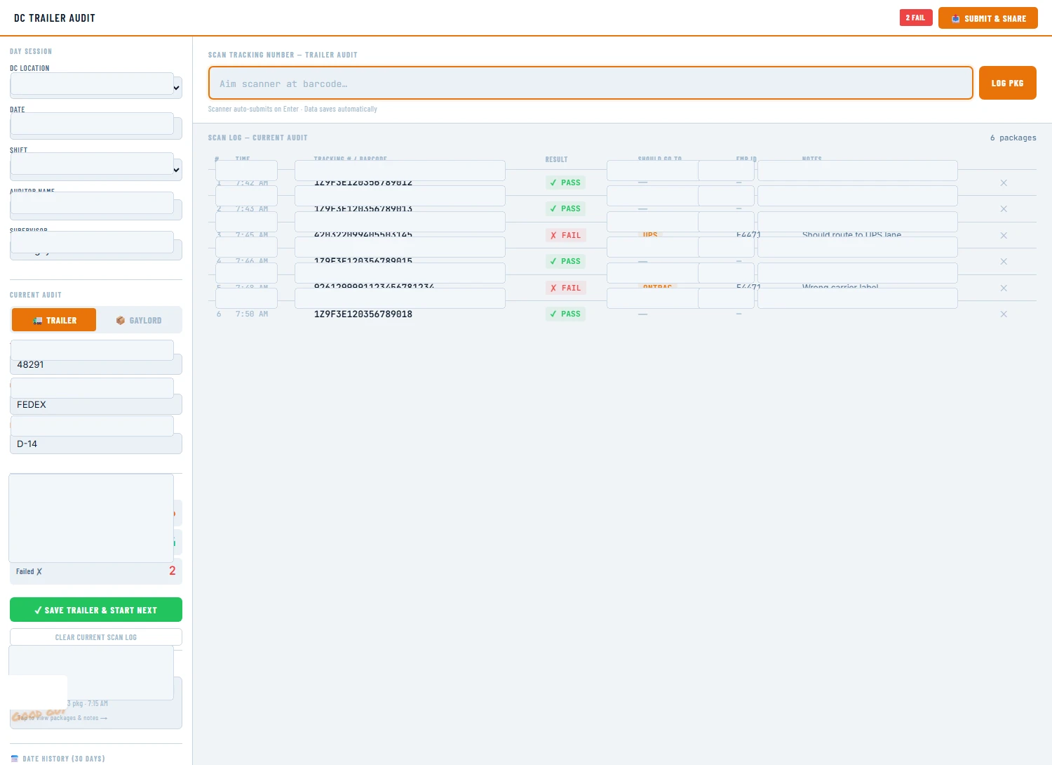 Sanitized screenshot of the DC Trailer Audit Tool