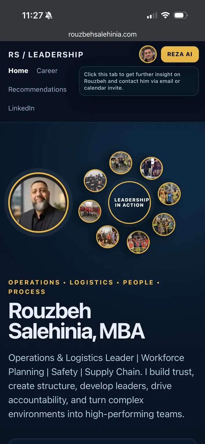 Rouzbeh Salehinia leadership portfolio homepage with Leadership in Action gallery