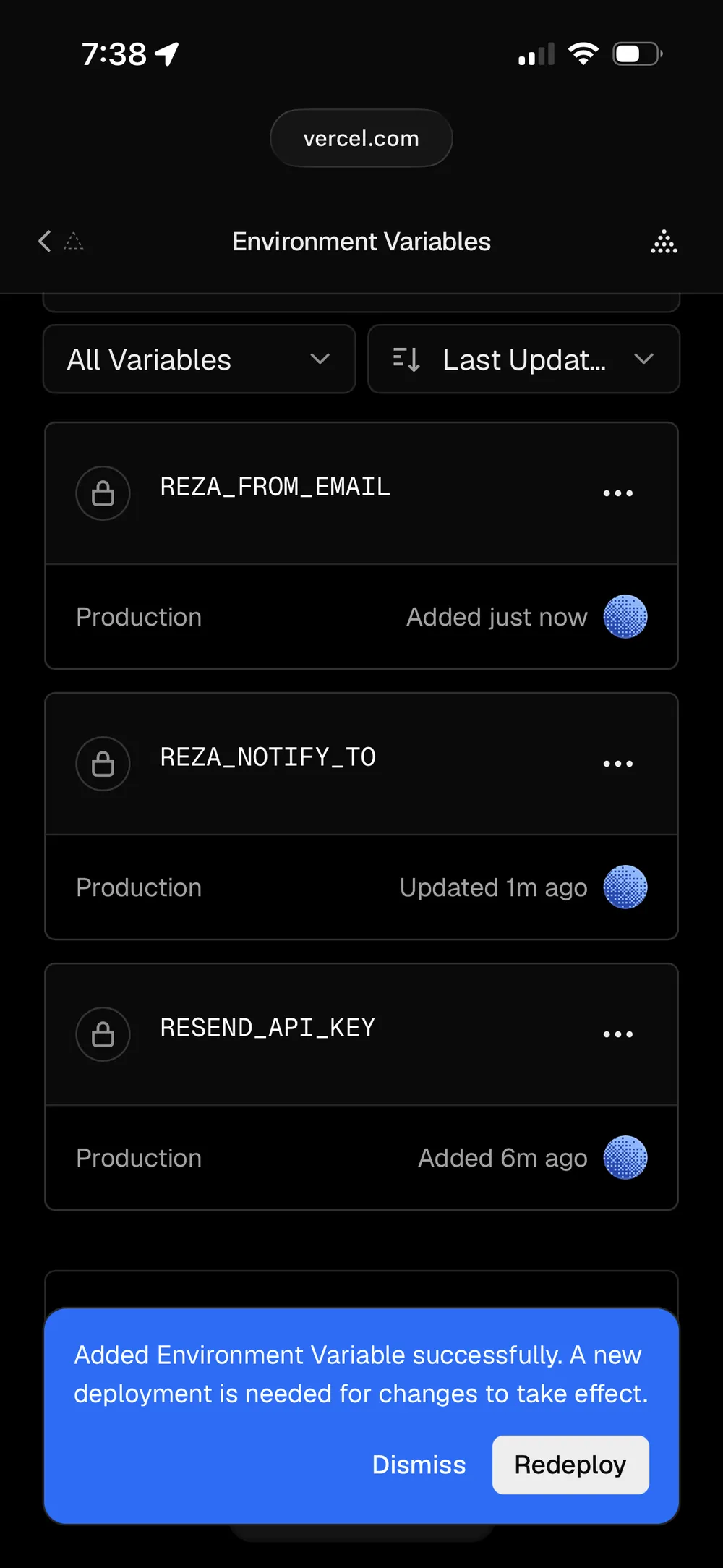 Vercel environment variables for Reza
