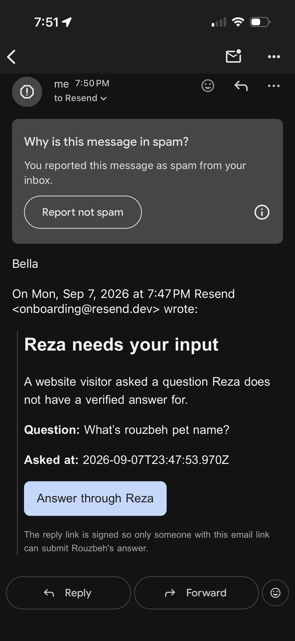 Reza escalation email with Answer through Reza button