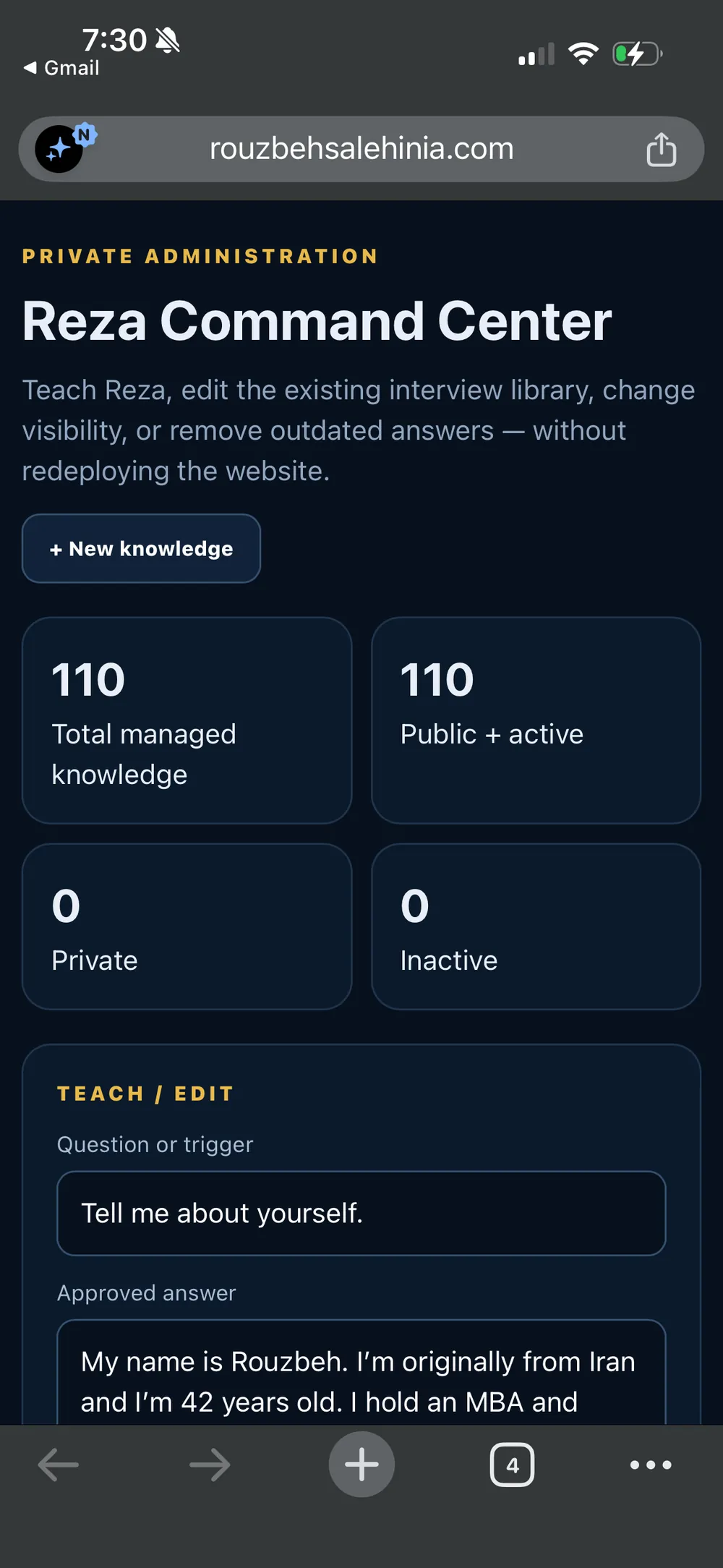 Reza Command Center showing 110 knowledge items