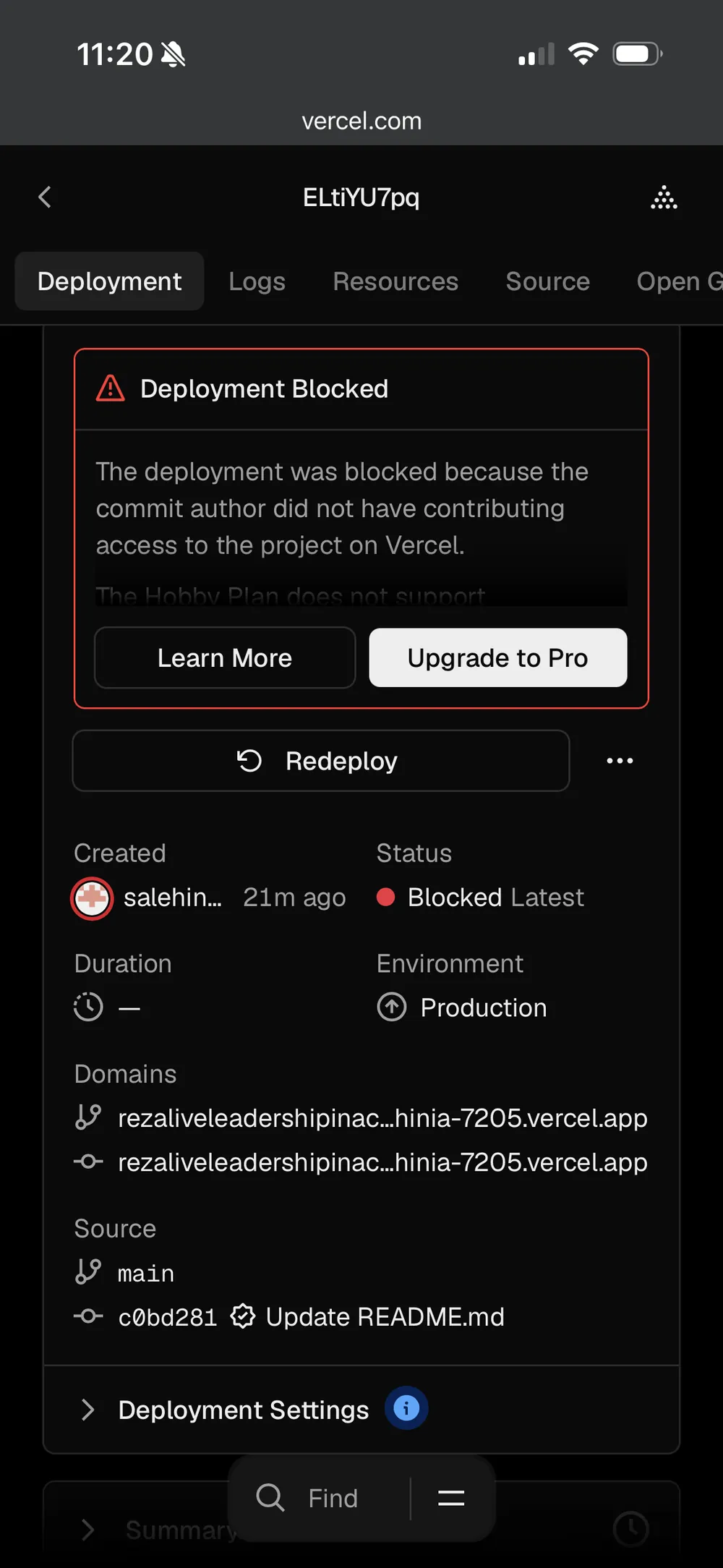 Vercel deployment blocked because commit author lacked access