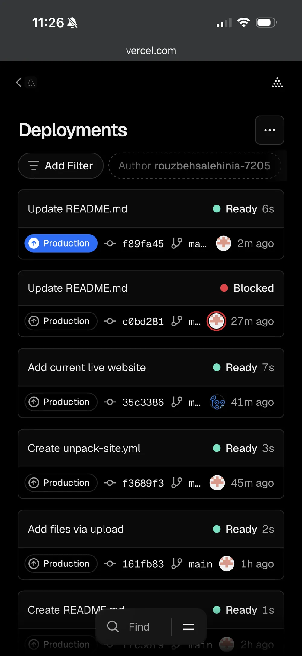 Vercel deployment list showing Ready Production