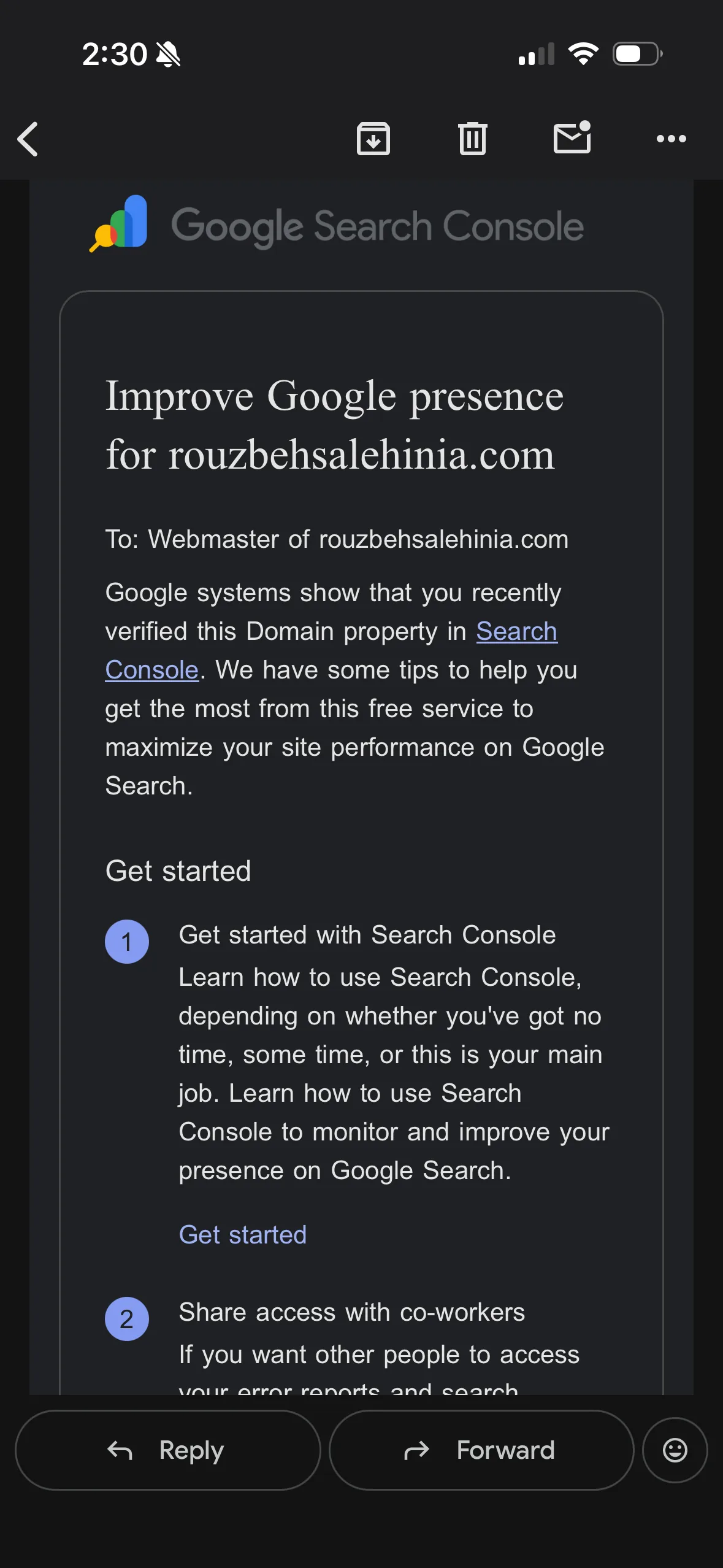 Google Search Console domain verification confirmation email