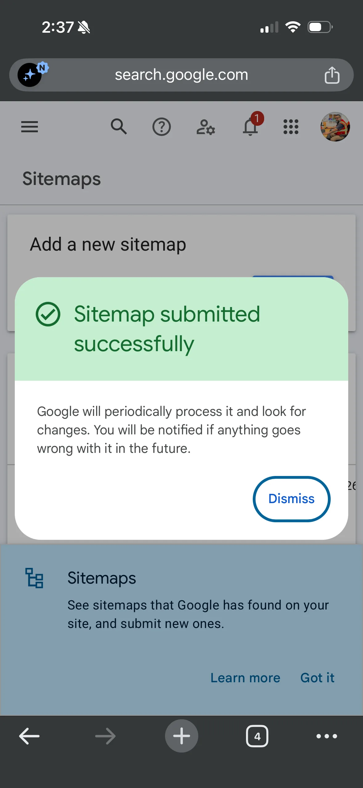 Google Search Console showing sitemap submitted successfully
