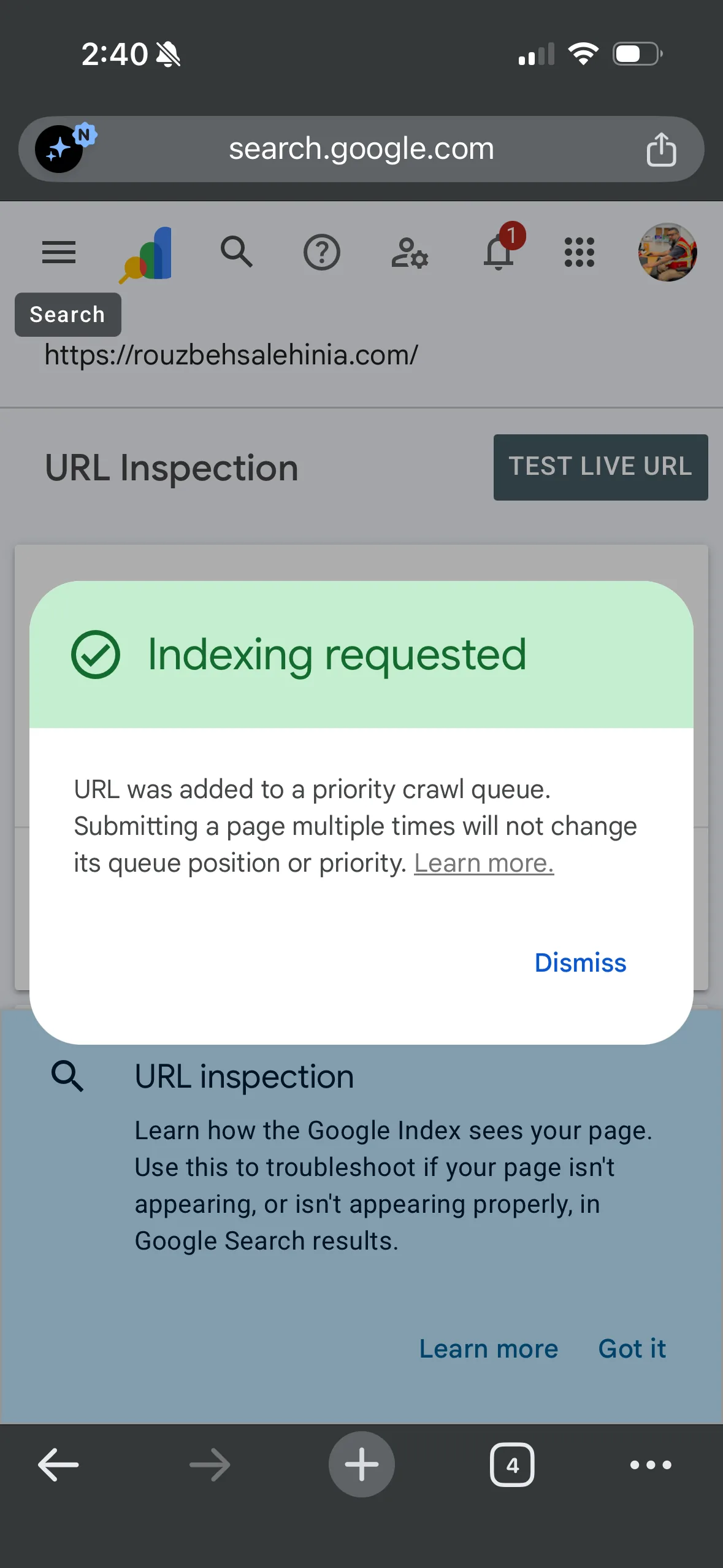 Google Search Console showing indexing requested