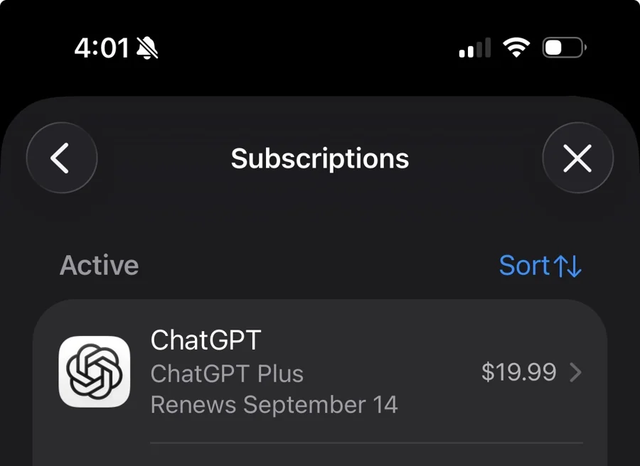 ChatGPT Plus subscription showing $19.99 per month