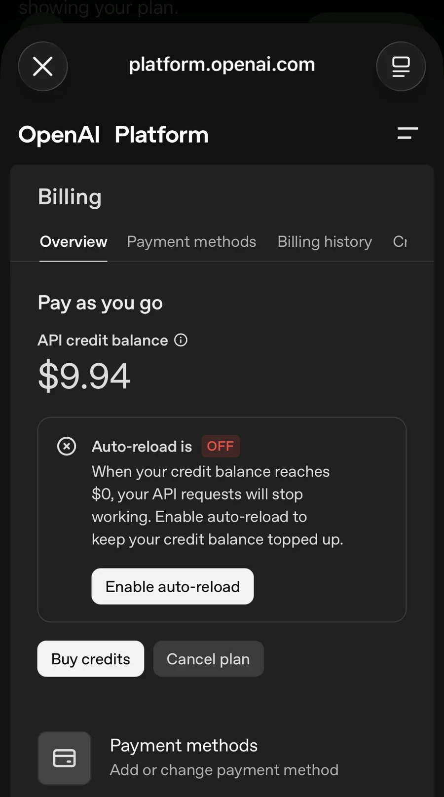 OpenAI Platform billing showing $9.94 remaining from Reza API credit