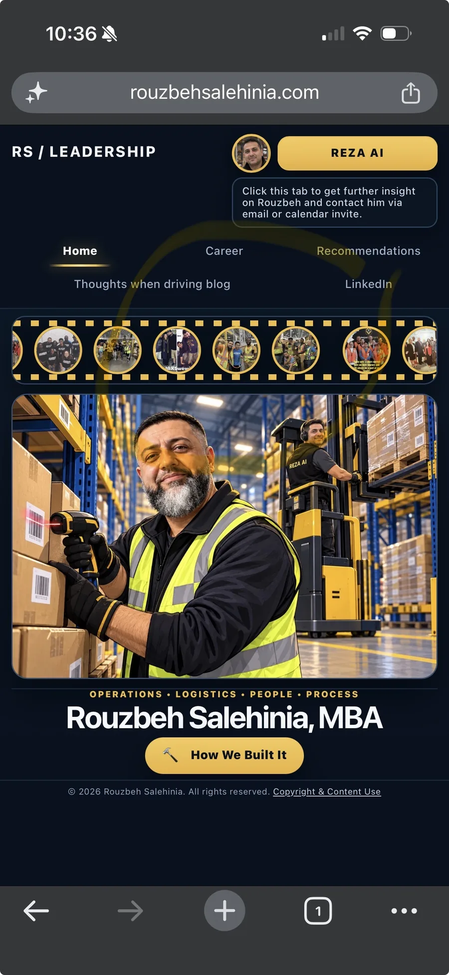Mobile homepage showing the film reel, warehouse hero image and Reza AI control