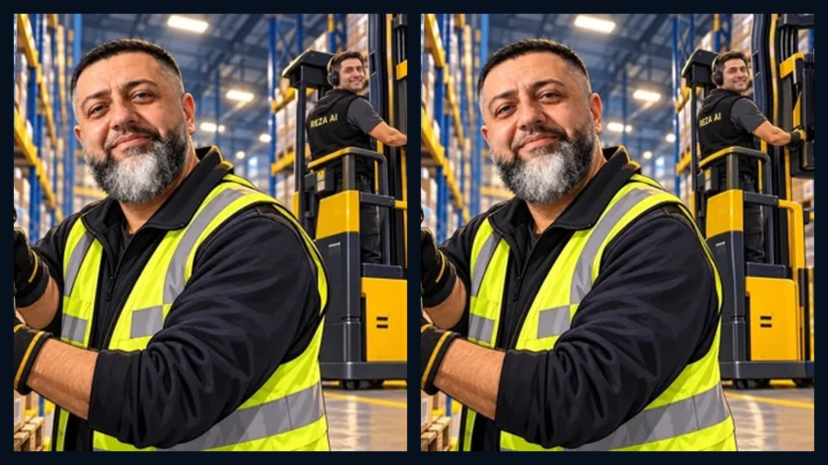 Two motion frames showing Rouzbeh scanning and Reza on the forklift with the pallet intact