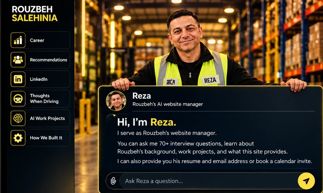 Reza holding up the chat box in a warehouse homepage layout.