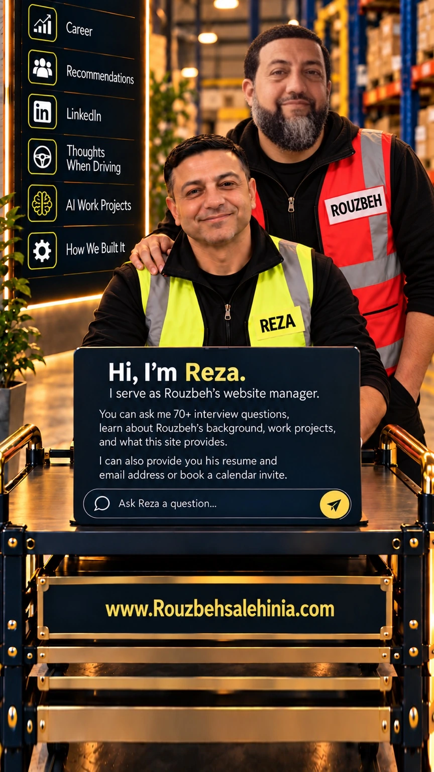 Reza at the website desk with Rouzbeh standing behind him in a warehouse.
